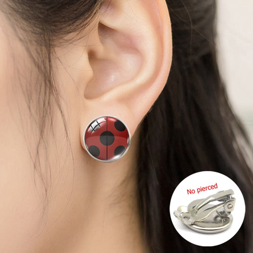 2019 New Fashion Ladybug Cartoon Girl and Cat Anime Glass Clip Earrings Ladybug Jewelry No Pierced Earrings Gifts for Girls